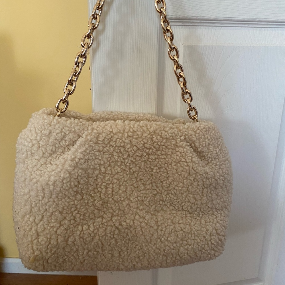 Off white teddy bear material purse with gold chain